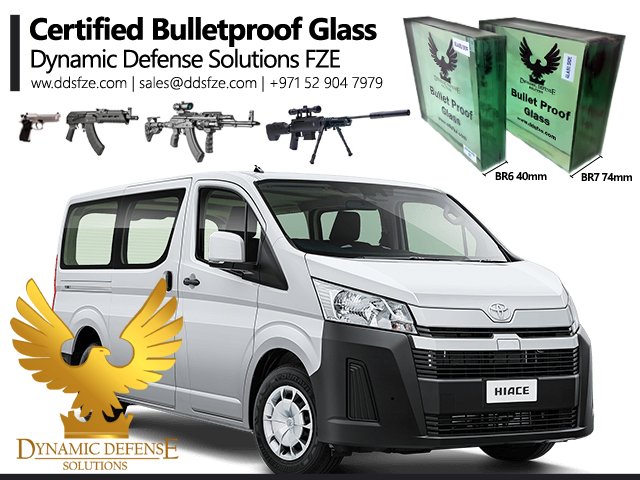 Get bulletproof glass for Armored van Toyota Hiace GL Grandia Armoured car from best bullet resistant glass armoring company Dynamic Defense Solutions in UAE.