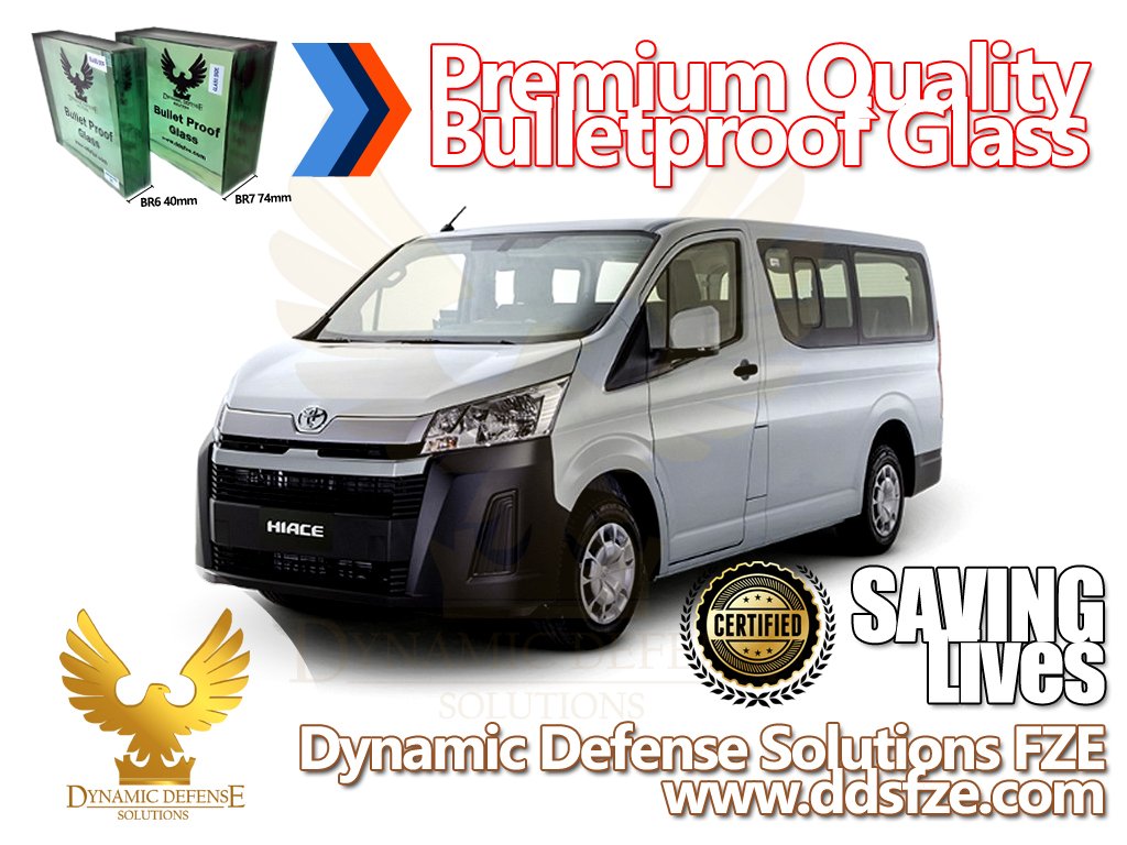 Dynamic Defense Solutions Company is manufacturer of Bulletproof Glass for New Armored Toyota Hiace Commuter Deluxe Van 2021, Ready Armoured Glass available in Stock for Sale.