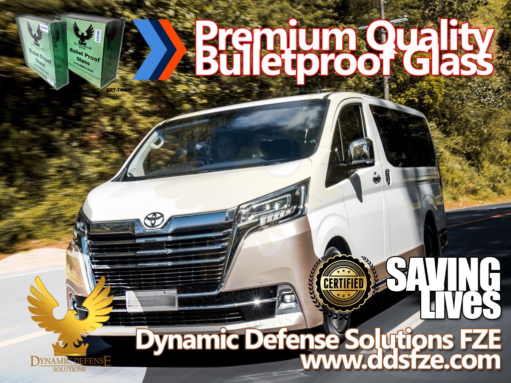 Dynamic Defense Solutions Company is manufacturer of Bulletproof Glass Products for New Armored Toyota Hiace Super Grandia Elite Van 2021, Ready Armoured Glass available in Stock for Sale.