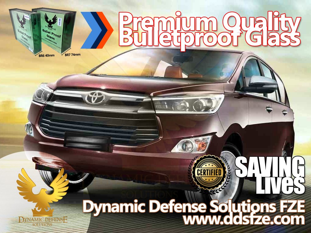 Dynamic Defense Solutions Company is manufacturer of Bulletproof Glass Products for New Armored Toyota Innova Van 2021, Ready Armoured Glass available in Stock for Sale.