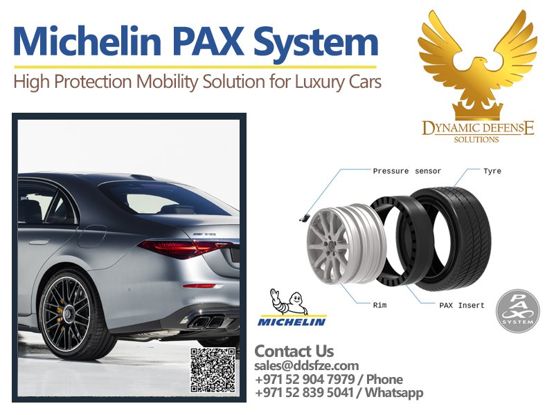 Authorize Michelin PAX Tyres Supplier in Dubai, PAX Insert Runfalt, Alloy Rims, Gel Kit for Mercedes Benz S Class W223 Guard B7 VR9 2023 New Model Armored Cars.