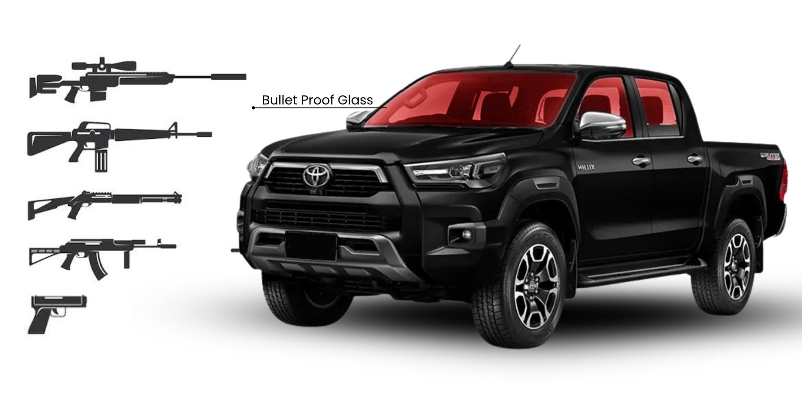 Hilux 2025 Bulletproof Windshield, Toyota Hilux Double Cabin Armored Glass, B6 windshield Hilux, ballistic glass Toyota Hilux, armored vehicle glass Hilux
